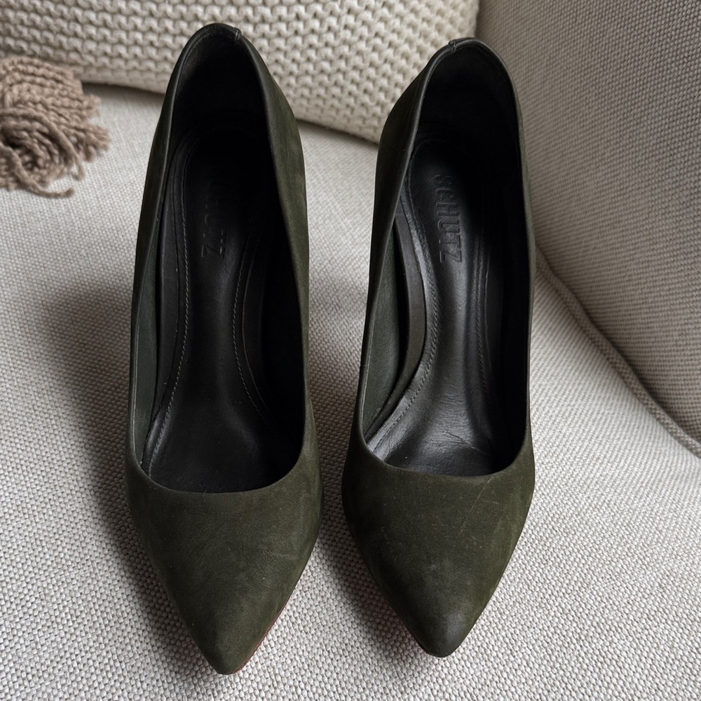 SCHUTZ Olive Green Suede Pointed Toe Pumps